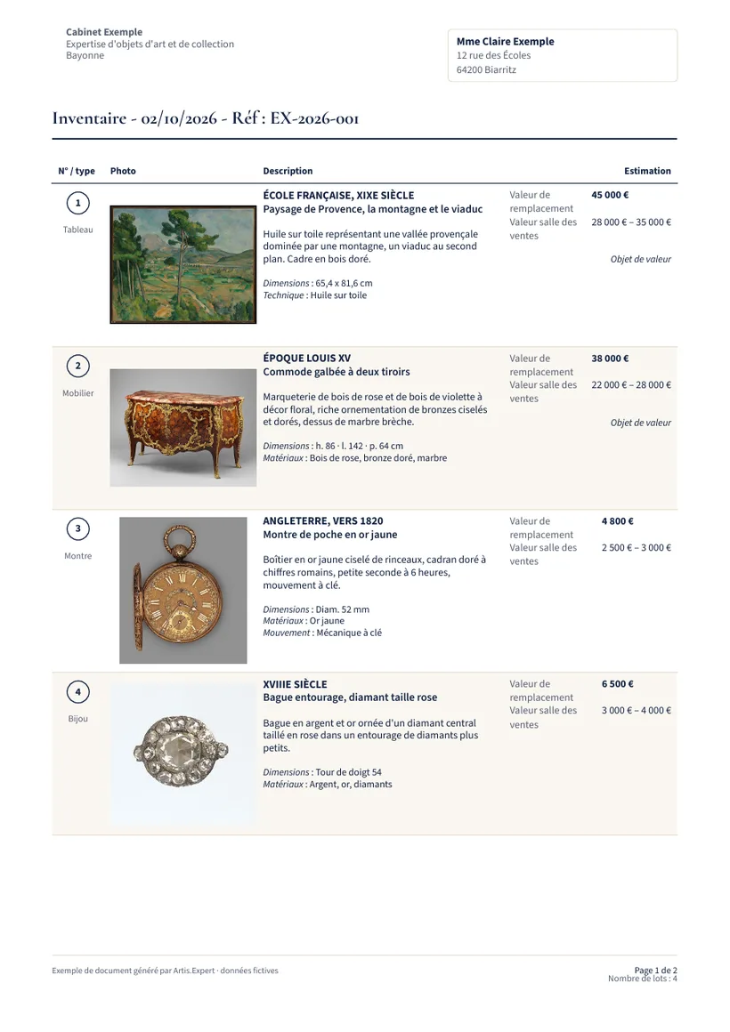 Exemple d'inventaire généré par Artis.Expert : quatre objets (tableau, commode, montre, bague) avec photo, description et estimations